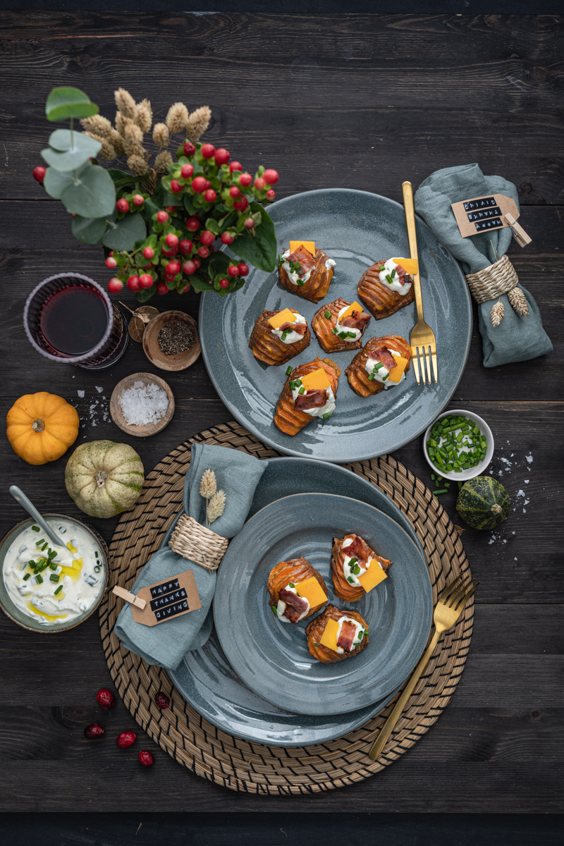 Friendsgiving Menü Thanksgiving Rezept-Ideen Vorspeise Sweet Potato Bites trickytine DAZ